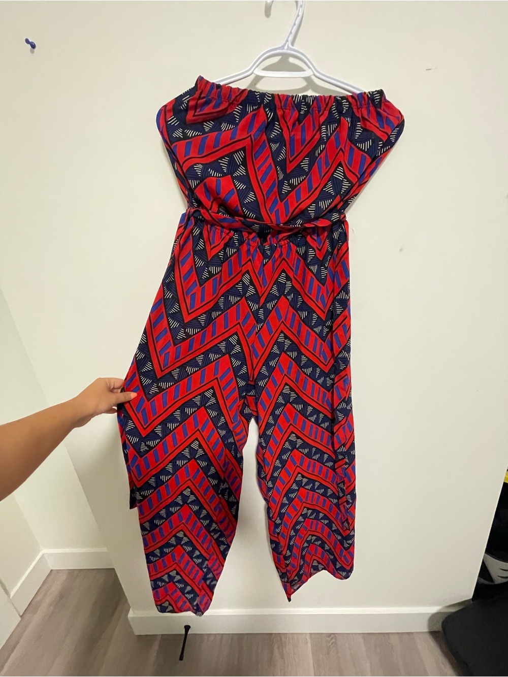 306 Japna Strapless Red & Navy Geometric Jumpsuit